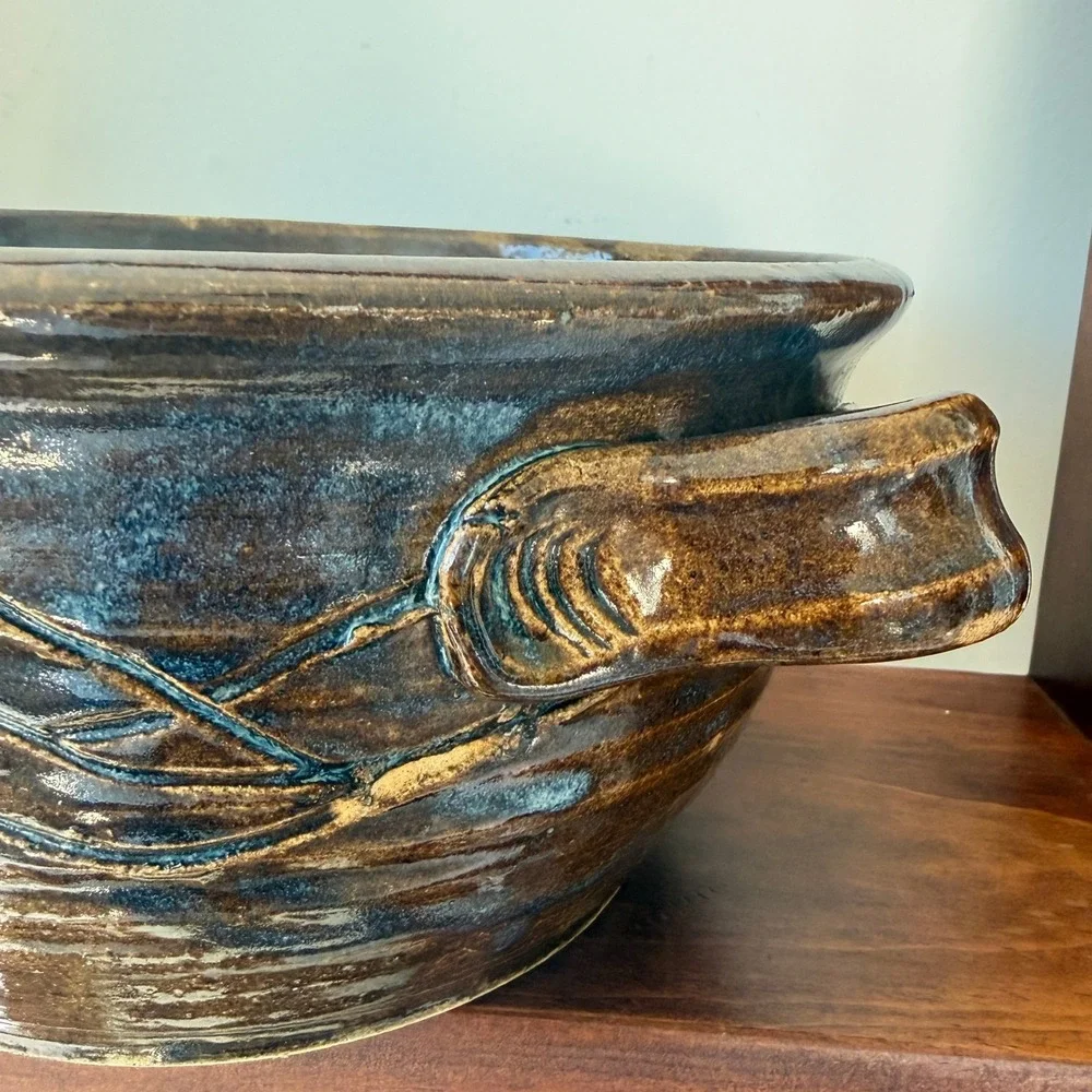 Vintage 1989 Signed Studio Pottery Handled Serving Bowl Brown Blue Stoneware